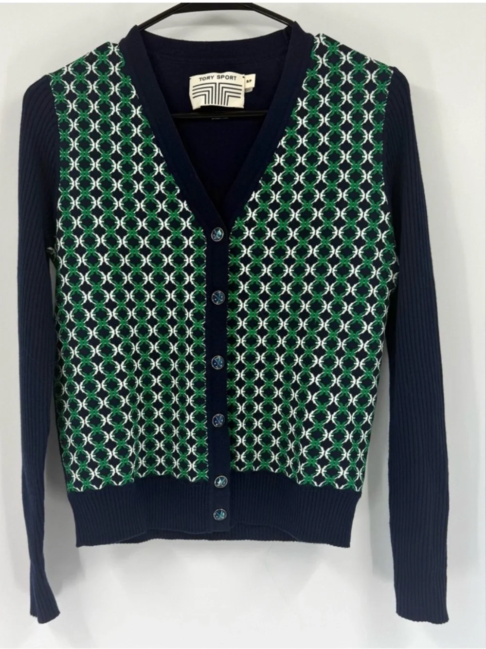 Tory Burch Sport Merino Contrast-Front Long Sleeve Cardigan Sweater, Size S/P